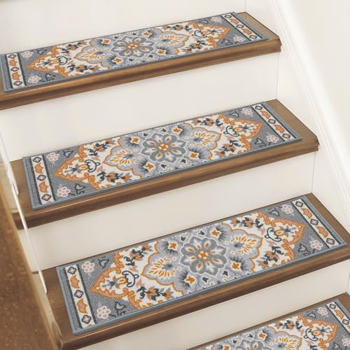 BEQHAUSE Stair Treads for Wooden Steps Non-Slip Machine Washable Carpet Stair Treads 8X30 Soft Indoor Stair Runner for Kids Elders and Pets, 100% Polyester, TPE Backing, 4pcs, Grey/Orange