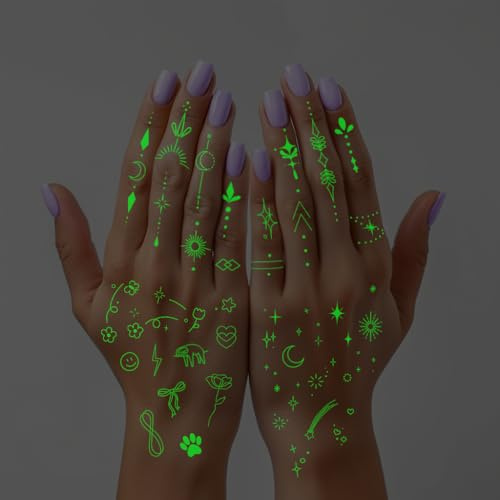 Glow-in-the-Dark Temporary Tattoos for Women Luminous Minimalistic Small Finger Tattoos Tiny Boho Decorations Fine Line Art Fake Tattoo Stickers Kit for Kids and Women