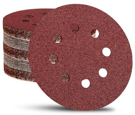 52 Pack 5 Inch 8-Hole Hook and Loop Sanding Discs Sandpaper Red Round 120 Grit Sandpaper for Random Orbital Sander