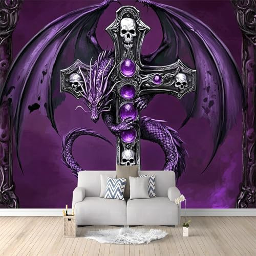 Photo Wallpaper Purple Flying Dragon Skull Cross 250x175 cm Non-Woven Wall Mural, 3D Wallpaper Roll Mural, Moderne Living Room Bedroom Art Poster Mural Wallpaper