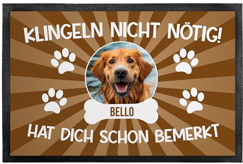 True Statements Personalisierte Deko-Fußmatte „Klingeln Nicht nötig! Name hat Dich Schon bemerkt“ - Hund - Türvorleger, Geschenk zum Einzug, Schmutzmatte mit Hunderassen - dünn, rutschfest, 50 x 35 cm