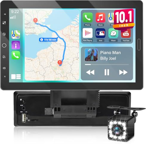 NHOPEEW 10,1 Zoll Touchscreen 1 DIN GPS-Navigationsautoradio mit kabellosem Carplay und Android Auto – verstellbares Display, FM-Unterstützung, Lenkradsteuerung, kabelgebundener Spiegelanschluss
