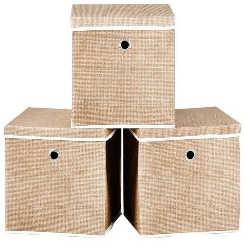 A406 Foldable Storage Cube Boxes Set of 3 Fabric Storage Boxes with Lids, Space Saving Fabric Cube Storage Boxes for Clothes, Toys, Storage Organiser (Beige, 25x25x25cm)