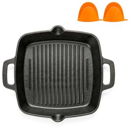 WELL GRILL 30cm Gusseisenpfanne, Gusseisen Pfanne mit Griffen, Rechteckig Bratpfanne, Pre-Seasoned Steakpfanne BBQ Gusspfanne für Induktion & Gasgrill, Backofen und alle Herdarten