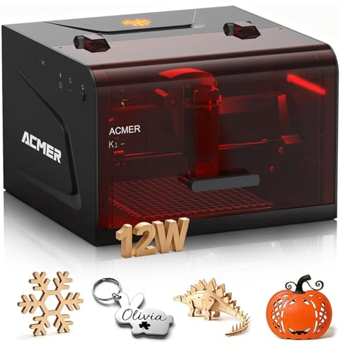 ACMER K1 Máquina de Grabadora Laser 12000mW, Clase 1 Cortadora Láser Pequeña Cerrada de Seguridad, Área de Grabado 150×150mm, Cortadora Láser de Alta Precisión para DIY Madera,Metal,Acrílico,Cuero,etc