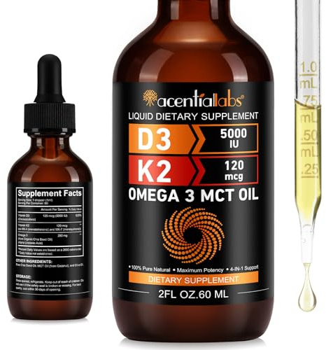 Vitamin D3 K2 Tropfen Hochdosiert, 5000 IU & K2 (MK-7) 120 mcg 60ml Tropfen, ohne unnötige Zusätze,Unterstützt Knochen, Zähne, Stimmung und Immunsystem sowie die Kalziumaufnahme