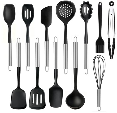 Lot de 12 ustensiles de cuisine en silicone avec poignée inox | Spatule, Cuillère, Louche, Résistant à la chaleur, Anti-rayures pour ustensiles antiadhésifs