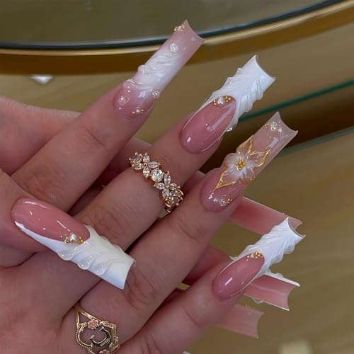 Cosblisvia 24Pcs Press on Nails, False Nails, Fake Nails, Long Square Acrylic Tips for Women, Girls, Nail Lovers for Salon, Party, Home DIY (Gold Flower)