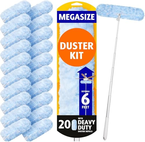 AIR U+ 180cm Staubwedel Teleskop mit 20 Stück für Swiffer Teleskopstange | Staubwedel Lang Ausziehbar, Einweg Mikrofaser Staubwischer für Spinnweben, Decken, Ventilatoren, Fenster