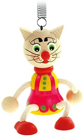 Mertens Springfigur Katze mit Feder, Spielzeug für Kinder ab 12 Monate, Holzspielzeug (schöne Kinderzimmer Dekoration, Kinderspielzeug zur Förderung der kindlichen Fähigkeiten), Mehrfarbig