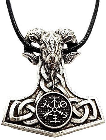 ECLECTIC SHOP UK LTD Thors Hammer Ram Goat Head Thor's Hammer Pendant Norse Pagan Vegvisir Compass Valknut Viking Cord Necklace