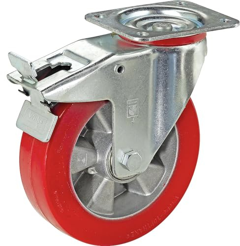 Wicke | Polyurethan-Reifen auf Alu-Felge | Rad-Ø x Breite 100 x 40 mm, Lenkrolle mit Doppelstopp, Tragfähigkeit 200 kg
