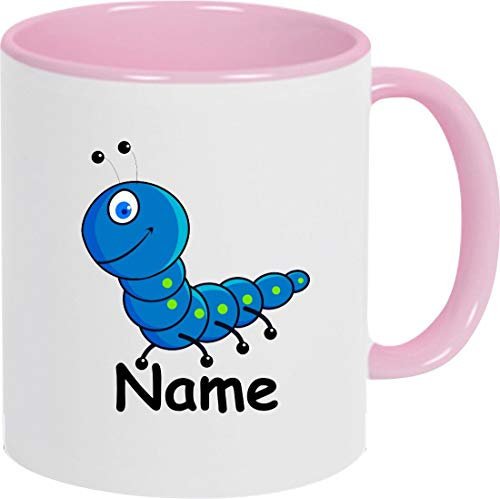 Shirtinstyle Kindertasse, Teetasse, Tasse, Raupe mit Wunschnamen, Wunschtext, Spruch, Kinder, Tiere, Natur, Kaffeetasse, Pott, Becher, Farbe rosa