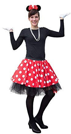 Oblique Unique® Damen Mouse Kostüm Rot Weiß Schwarz mit Rock Gepunktet + Perlen Kette + Maus Ohren Haarreifen mit Schleife + Handschuhe + Overknee Strümpfe für Fasching Karneval Motto Party