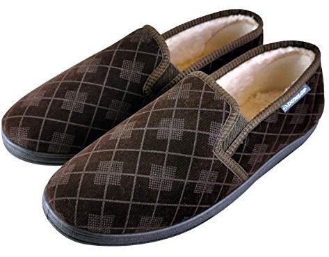 Dunlop - Mens Plush Fur Lined Memory Foam Plaid Checked Moccasin Slippers with Hard Sole