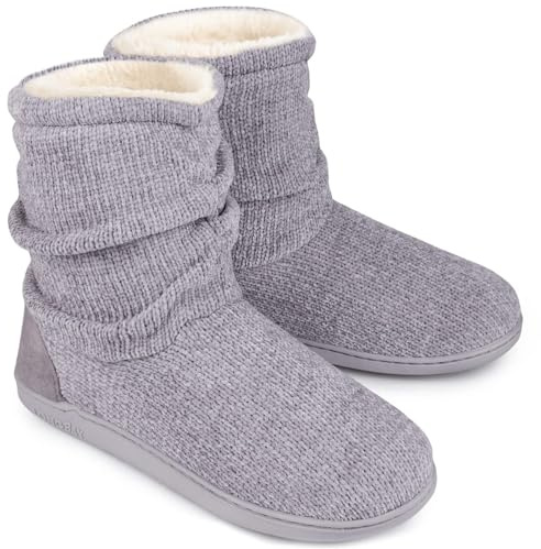 LongBay Women's Chenille Knit Bootie Slippers Cute Plush Fleece Memory Foam House Shoes (Medium / 7-8 B(M), Grey)