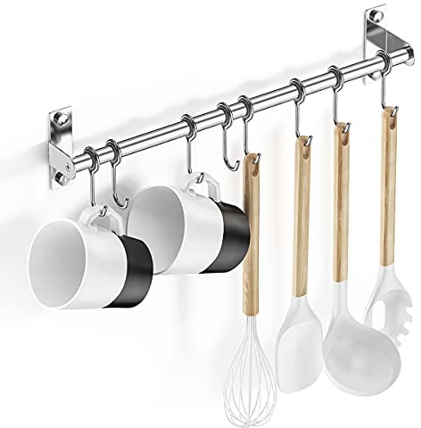 Lesfit Porta Utensili da Cucina in Acciaio Inox con 8 Ganci, Barra Portautensili Cucina Porta Coltelli Cucina Niente Fori Necessari per Bagno Gadget, Padelle, Tazze (Argento)