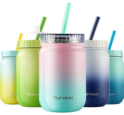 Murmioo Stainless Steel Cup with Straw,Smoothie Bottle,Iced Coffee Cup,Travel Mug and Screw Sealed lid-for,Double Wall Vacuum Food Jar, Insulated Mug, 14oz