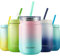 Murmioo trinkbecher mit strohhalm,smoothie flasche,Thermobecher Kaffee to Go,doppelwandig，vakuum isoliert，Strohhalm wiederverwendbar,18/8 Edelstahl,BPA Free 400ml Blau/Rosa Farbverlauf