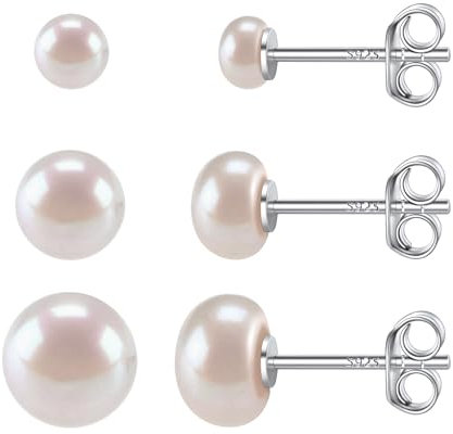 Boucle doreille Femme Perle de Culture Lot 3 Paires Clou d'oreilles Argent 925 avec Perle Blanche 4mm 6mm 8mm Bijoux Élégant Cadeau Anniversaire Femme Fille