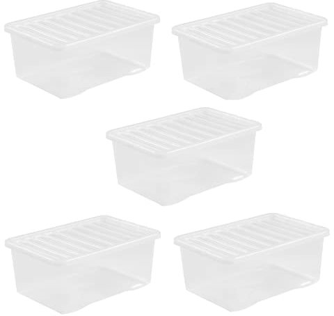 Plastic Storage Boxes Crystal Clear 45L Box & Lid Home Office Stackable Nest able - Pack of 5