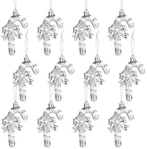 GWHOLE 12 Pcs Cannes de Noël Scintillant 11cm pour Décorations Arbres de Noël Ornements Canne en Bonbons Suspendu d'argent et Blanc Rayures