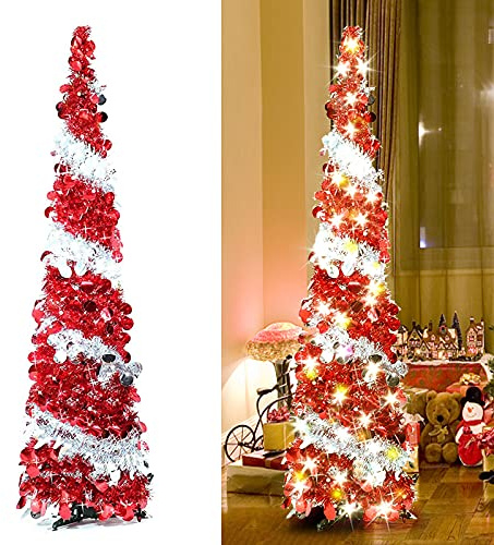 Alberi di Natale artificiali pieghevoli con luci, 1,5 m, albero di Natale con decorazioni luccicanti, albero di Natale con supporto, colore: rosso e bianco
