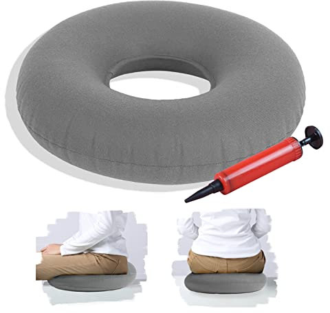 TUAKIMCE Inflatable Donut Ring Cushion, Hemorrhoid Seat Pillow, Round Wheelchairs Seat Cushion, Portable Inflatable Seat Donut Pillow Cushion for Home, Car or Office - Air Pump Included (Gery)