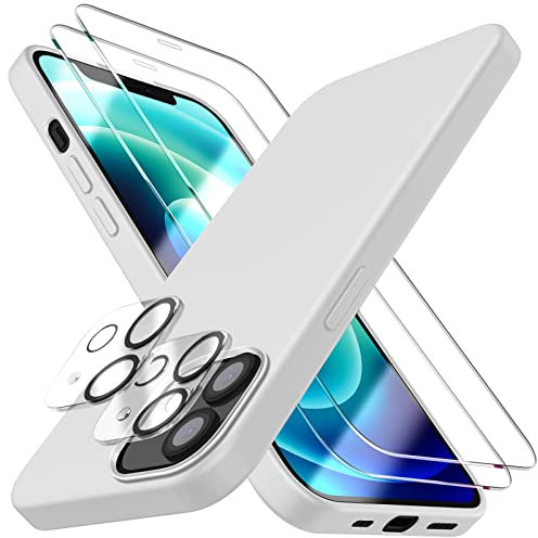 Dssairo [5 in 1 für iPhone 12 Hülle/iPhone 12 Pro Hülle 6.1, mit 2 Pack Displayschutzfolie + 2 Pack Kameraobjektivschutz, Flüssigsilikon Slim Stoßfest Schutzhülle Handyhülle (weiß)