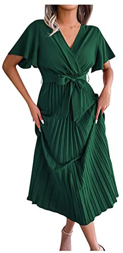 Azruma Abendkleider Elegant FüR Hochzeit Damenkleider Sommer Wedding Dress Damen Sommer V-Ausschnitt Einfarbig Kurze ÄRmel Midi Plissee Kleider Mit GüRtel Longshirt Damen Langarm (Dark Green, M)