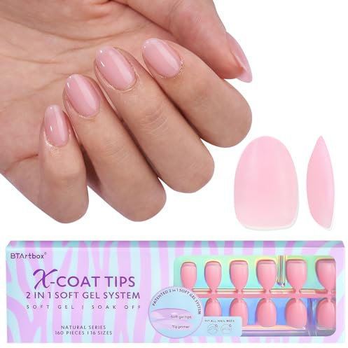 BTArtbox Extra Short Almond Nail Tips - XCOATTIPS Pink Press on Nails, Upgraded Full Matte Soft Gel Nail Tips Pre-applied Tip Primer for Women