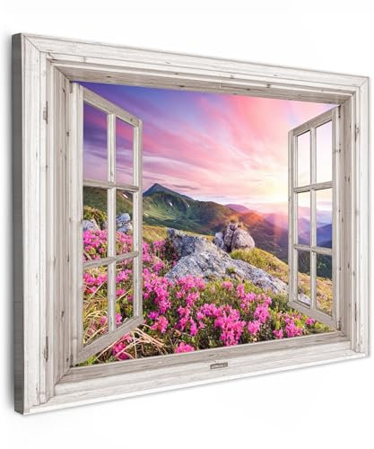 MuchoWow© Impression sur Toile Photo Peinture 80x60 cm Tableau Decoration Murale Chambre Salon Maison Deco Cuisine Montagne - Paysage - Vue de la fenêtre - Fleurs - Soir - Rose