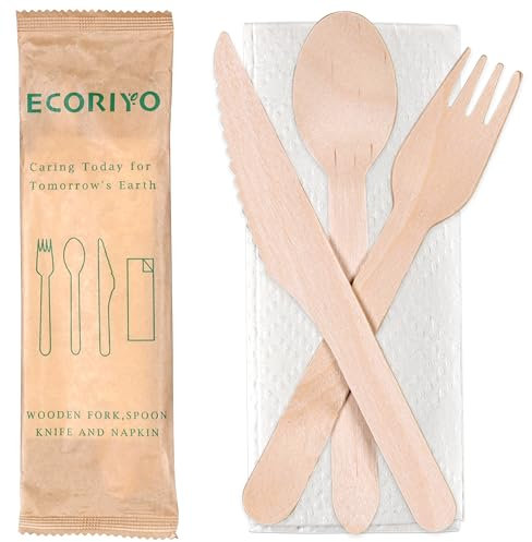 ECORIYO 200pcs Disposable Wooden Cutlery – 50 Forks, 50 Knives, 50 Spoons, 50 Napkins – Strong Disposable Cutlery Individually Wrapped for Cafes, Party, Restaurants and Home