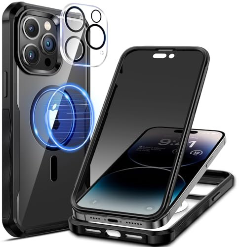 seacosmo Magnetic for iPhone 14 Pro Case 6.1 Inch, Privacy Phone Case Compatible with Magsafe Built-in 9H Tempered Glass Privacy Screen Protector and Camera Protective Full Body Shockproof Case, Black