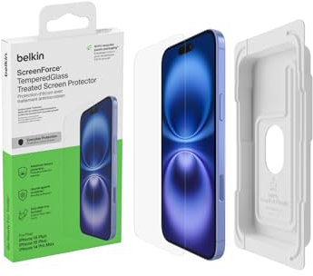 Belkin ScreenForce TemperedGlass Treated Screen Protector for iPhone 15 Plus/14 Pro Max, Slim, Crystal Clear, Scratch-Resistant Tempered Glass Film, Easy Align Tray for Bubble Free Application