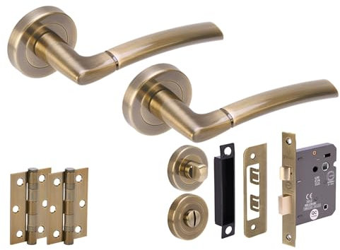 HANDLEZONE® Nemo Door Handles on Rose Bathroom Lock Pack with Ball Bearing Hinges - Antique Bronze