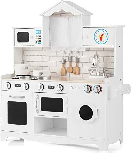 GYMAX Cucina per Bambini, con Lavello, Piano Cottura, Forno, Forno a Microonde e Lavatrice, Cucina da Gioco in Legno con 3 Ganci, Armadietto e Ripiano Aperto, Bianco, 78 x 29 x 93 cm