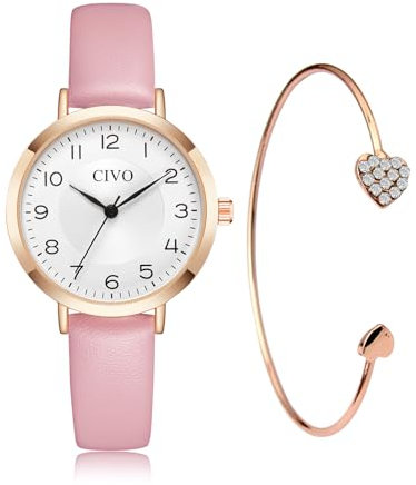 CIVO Damen Uhr Wasserdicht Analog Quarz Lederarmband Armbanduhr Damen Klein Set Minimalistisch Kreative Uhr für Frauen Rosa