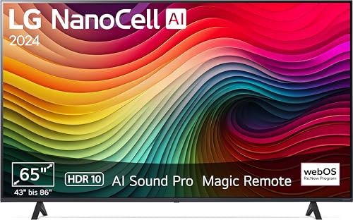 LG NanoCell 65'', Serie 81 2024, 65NANO81T6A, Smart TV 4K, Processore α5 Gen7, 20W, 3 HDMI, Filmmaker Mode, Game Optimizer, Alexa, Wi-Fi, webOS 24, Telecomando puntatore