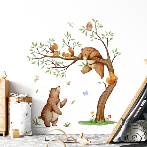 Tanlaby Dschungel Tiere Wandtattoo, Braunbären Grüner Baum Eichhörnchen Schmetterling Wandsticker Selbstklebende Abnehmbare Wandaufkleber für Kinderzimmer Kind Baby Wohnzimmer Kinderzimmer Dekoration