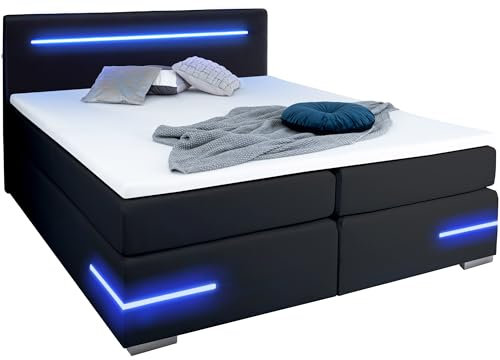wonello Lennox Boxspringbett 180x200 mit LED Beleuchtung und USB Anschlüssen I in Kunstleder Schwarz I Design Bett für Jugendliche und Erwachsene I Bett mit Matratze und Topper