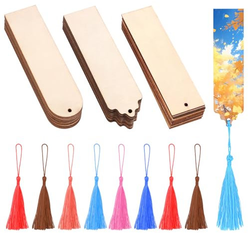 36PCS Blanko Holz Lesezeichen,Holzlesezeichen Rechteck Leere Lesezeichen,Unfertiges Holz Lesezeichen,Holz Lesezeichen Basteln,mit 6 Farben Quasten,für DIY-Basteleien Geschenkanhänger Urlaubsgeschenke