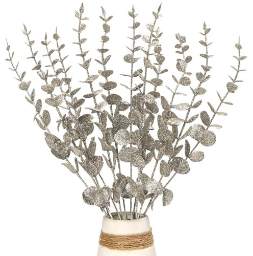Kunjocy 12 Pcs Christmas Glitter Leaves, 37cm Shiny Eucalyptus Stems Sparkling Eucalyptus Branches Stems Glitter Foliage Decor for Xmas Tree Vase fillers Party Home Holiday Ornament (Champagne)