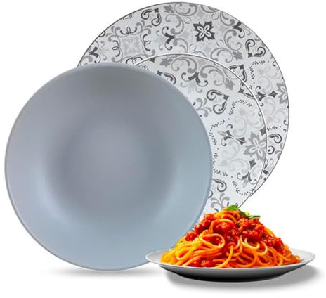 Avilia Servizio Piatti 18 Pezzi in Porcellana Grigio e Bianco con Fiori - Set per 6 Persone Ideale per Cene in Famiglia e Occasioni Speciali - Composto da Piatti Piani, Fondi e Dessert - Resistenti
