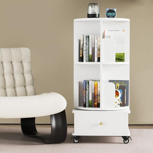 CHOWGOLI Drehbares Bücherregal, Standregal 360° Frei Drehbares, Bücherschrank Wohnzimmer Schlafzimmer, Bücherregal Klein, 2 Schicht Bücher Regal, mit Stoff-Schublade und Rollen, Weiß, 40x40x88cm
