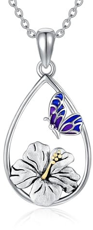 HUKKUN Hibiskus Kette Silber 925 Hibiskusblüten Anhänger Schmetterling Halskette Hibiskus Schmuck Damen