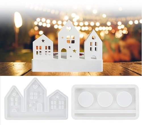 Silikon Gießform Haus mit Sockel – Häuser Gießformen aus Silikon, Kerzenhalter Silikonform für Weihnachten (A)
