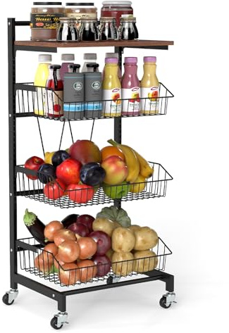Giantex Rullförvaringsvagn 4 nivåer, köksbord med träbricka, 3 metallkorgar, metallram i W, total belastning 40 kg, förvaringsskåp för kök, sovrum