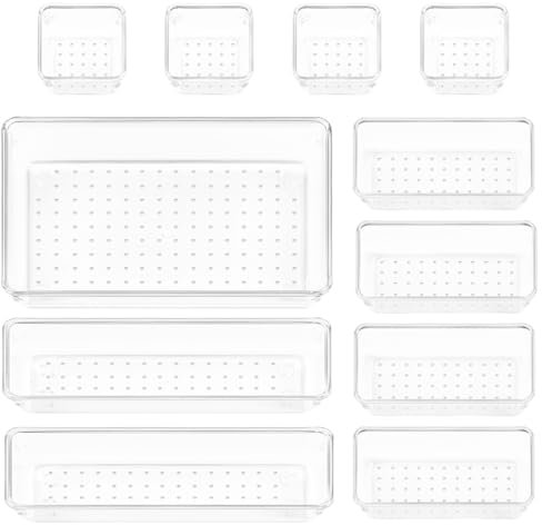 11 Pack Kitchen Drawer Organisers Set, 4-Size Versatile Bathroom and Vanity Drawer Organizer Trays, Clear Plastic Storage Bins for Makeup Bedroom Kitchen Gadgets Utensils