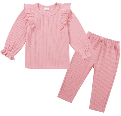 Valcatch Toddler Girls Ruffle Long Sleeve Clothes Set, 12 Months-4 Years | Soft ribbed round neck top with no inner lining, paired with elastic trousers for autumn walks, outdoor play and parties.